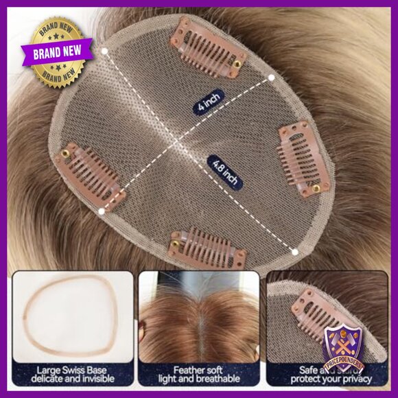 Human Hair Topper with Bangs, Hand-Woven Free Part, 4x4.8 Inch Base